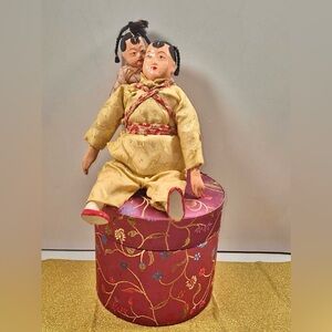 Vintage Chinese Doll Amah w Child on Back. with RARE Original Silk Travel Case